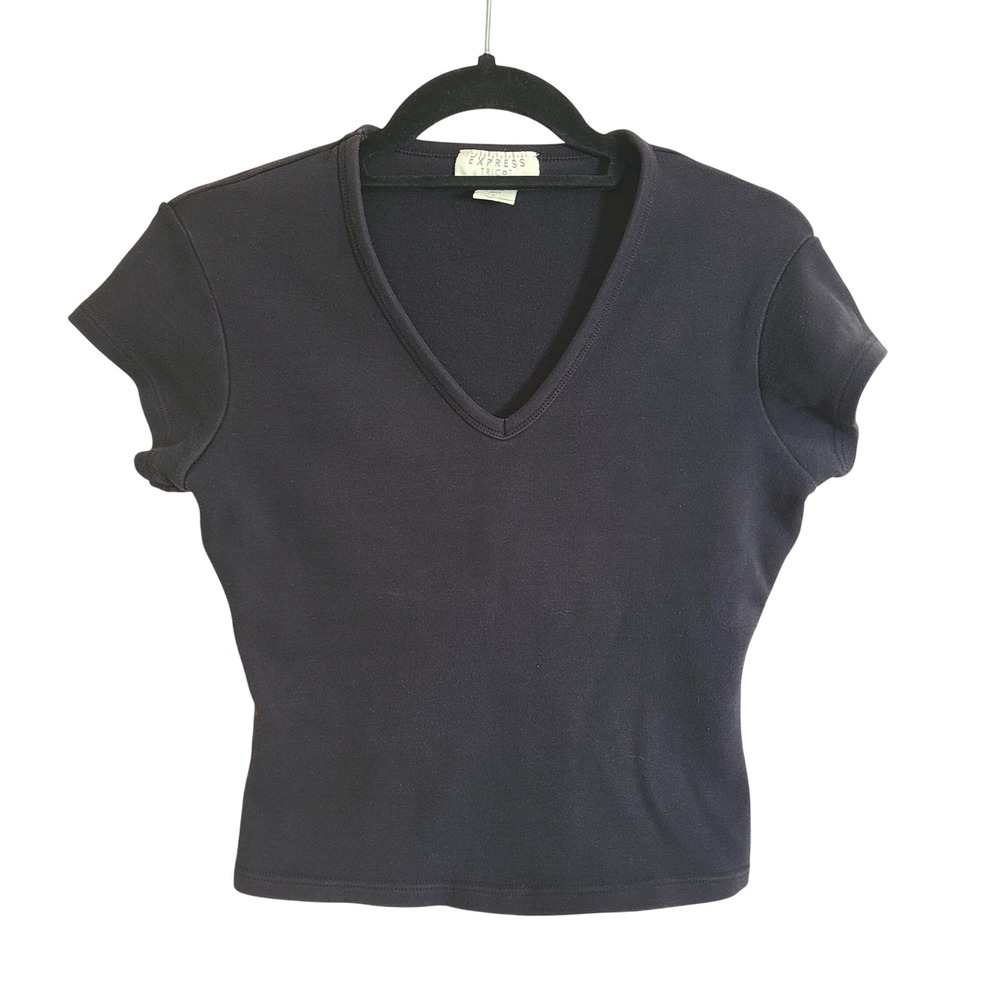 VTG Y2K 90s Express Tricot T-Shirt Women Large Black V-Neck Short Sleeve